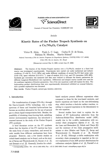 kinetic rates of the fischer tropsch synthesis on a co/nb2o5 catalyst